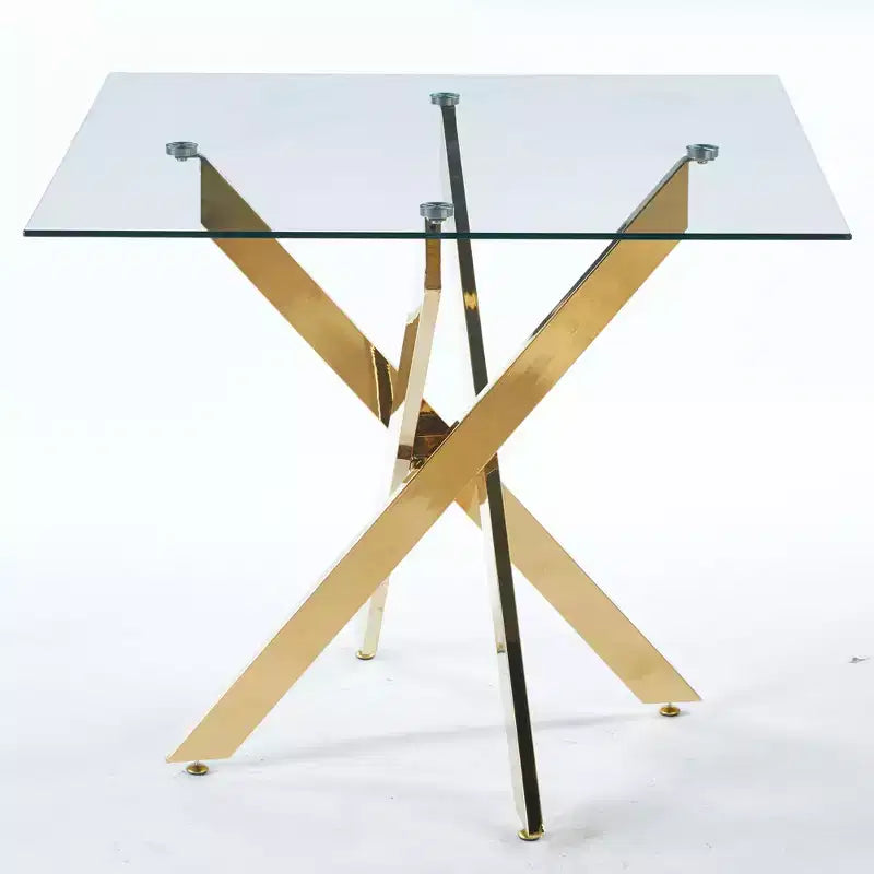 Tavolo da pranzo con gambe incrociate in metallo e vetro temperato, Tavolo da cucina moderno salvaspazio per soggiorno, gambe cromate, tavolo quadrato, gambe dorate, 90x90x75 cm