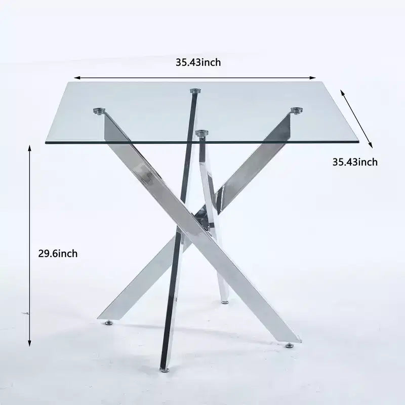 Tavolo da pranzo con gambe incrociate in metallo e vetro temperato, Tavolo da cucina moderno salvaspazio per soggiorno, gambe cromate, tavolo quadrato, gambe dorate, 90x90x75 cm