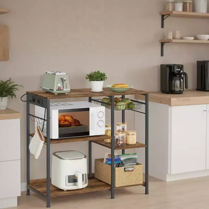Scaffale per panettiere, bancone da caffè con stazione di ricarica, mensole portaoggetti, cestello estraibile in filo metallico, tavolo per microonde, cucina