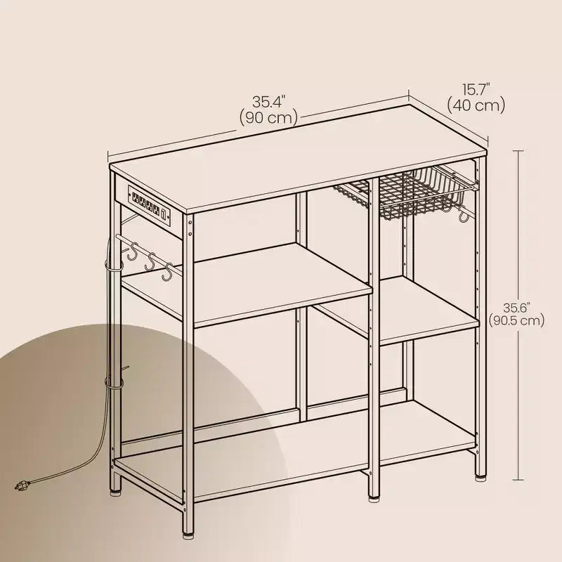 Scaffale per panettiere, bancone da caffè con stazione di ricarica, mensole portaoggetti, cestello estraibile in filo metallico, tavolo per microonde, cucina