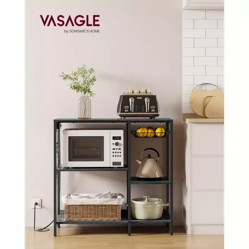 Scaffale per panettiere, bancone da caffè con stazione di ricarica, mensole portaoggetti, cestello estraibile in filo metallico, tavolo per microonde, cucina
