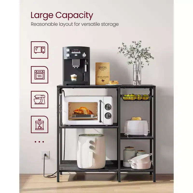 Scaffale per panettiere, bancone da caffè con stazione di ricarica, mensole portaoggetti, cestello estraibile in filo metallico, tavolo per microonde, cucina