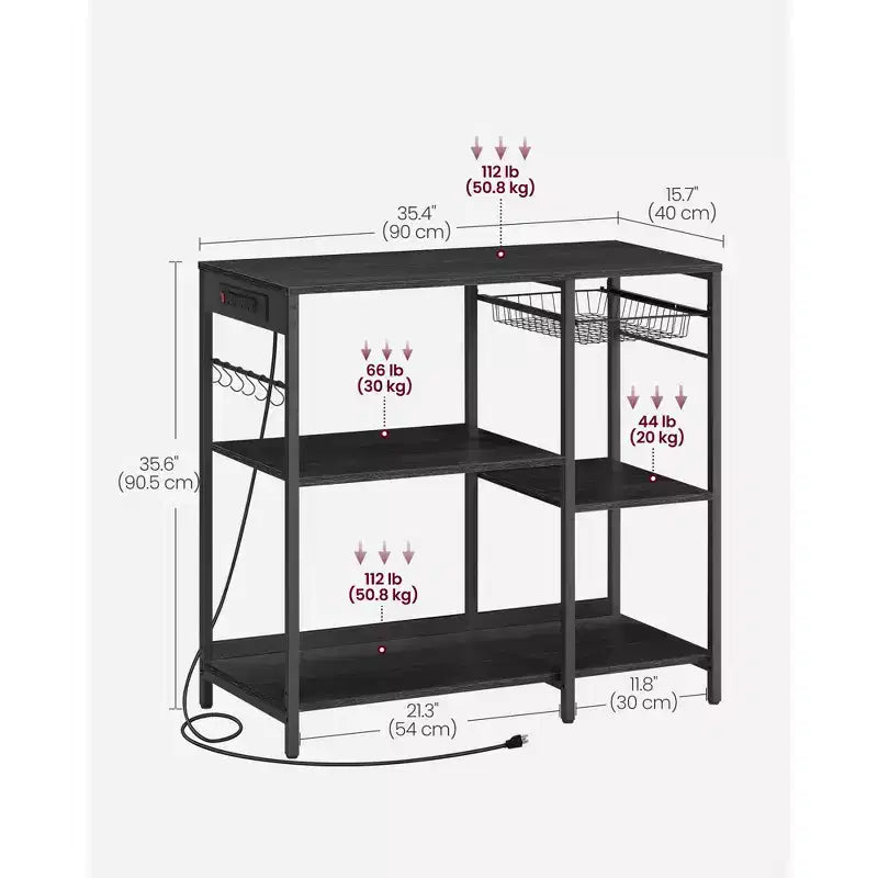 Scaffale per panettiere, bancone da caffè con stazione di ricarica, mensole portaoggetti, cestello estraibile in filo metallico, tavolo per microonde, cucina