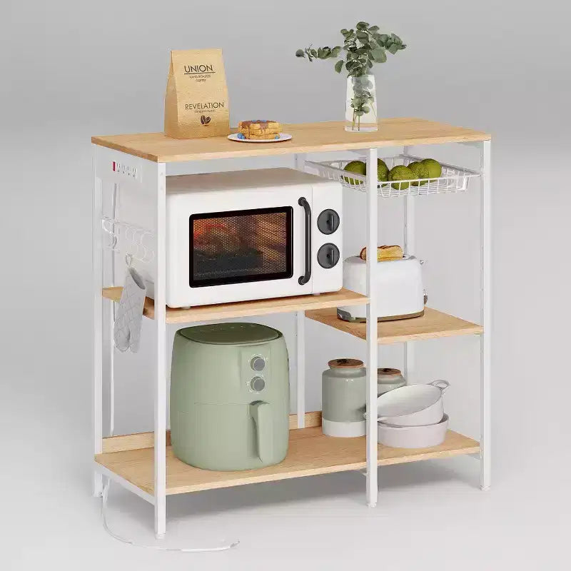 Scaffale per panettiere, bancone da caffè con stazione di ricarica, mensole portaoggetti, cestello estraibile in filo metallico, tavolo per microonde, cucina