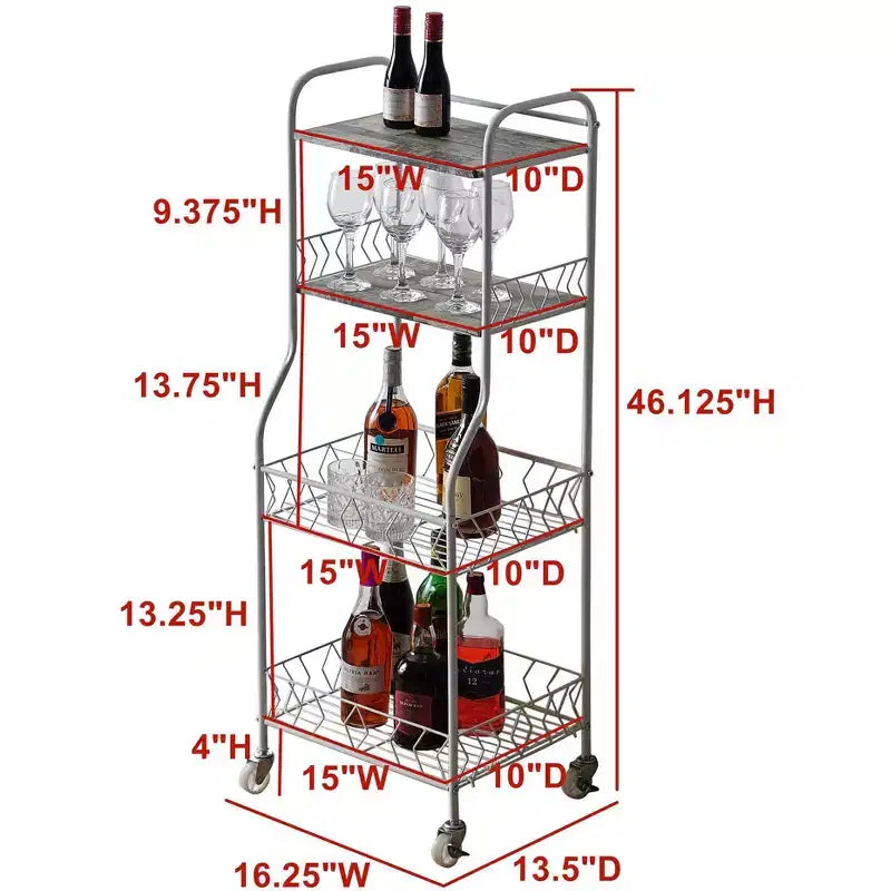 Scaffale da Cucina a 4 Ripiani su Rotelle, Stile Lexi