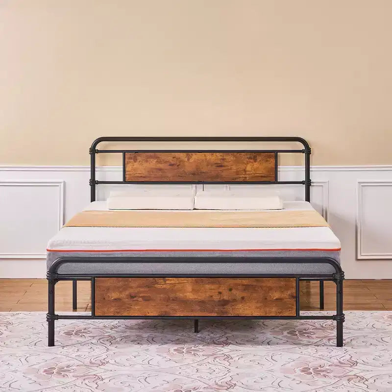 Struttura Letto Matrimoniale/Queen con Testiera in Legno, Doghe in Acciaio Resistente, Senza Rete a Molle, Marrone