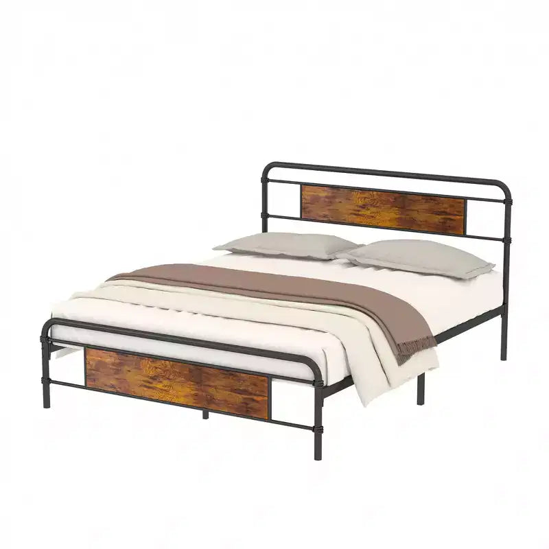 Struttura Letto Matrimoniale/Queen con Testiera in Legno, Doghe in Acciaio Resistente, Senza Rete a Molle, Marrone
