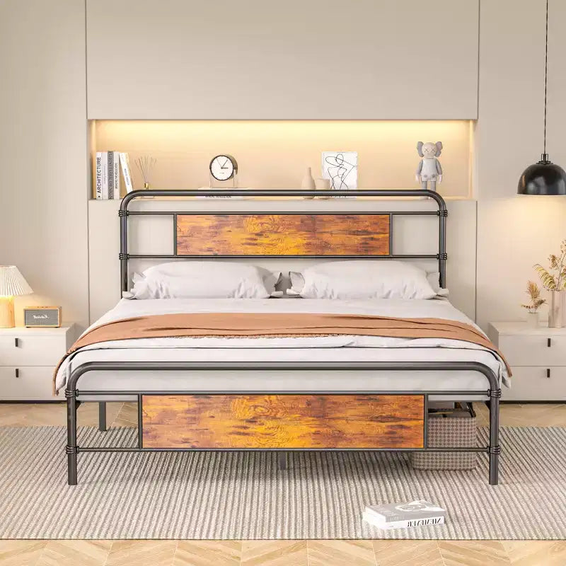 Struttura Letto Matrimoniale/Queen con Testiera in Legno, Doghe in Acciaio Resistente, Senza Rete a Molle, Marrone