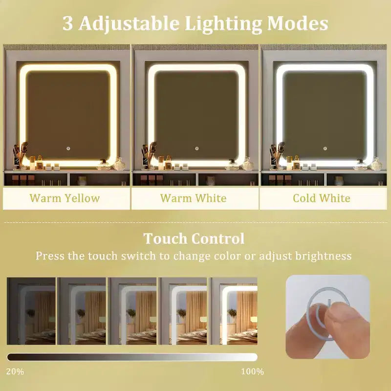 Toeletta Moderna con Specchio e Luci, 3 Modalità di Illuminazione e Luminosità Regolabile