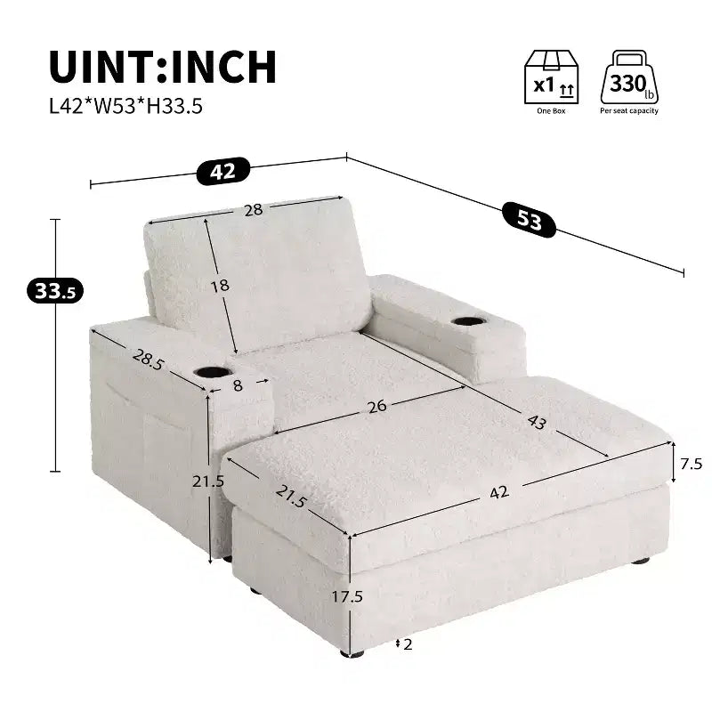 Chaise longue da interno oversize: Divano letto in finta pelliccia di coniglio con contenitore, braccioli, portabicchieri - Divano perfetto per la lettura in soggiorno o camera da letto