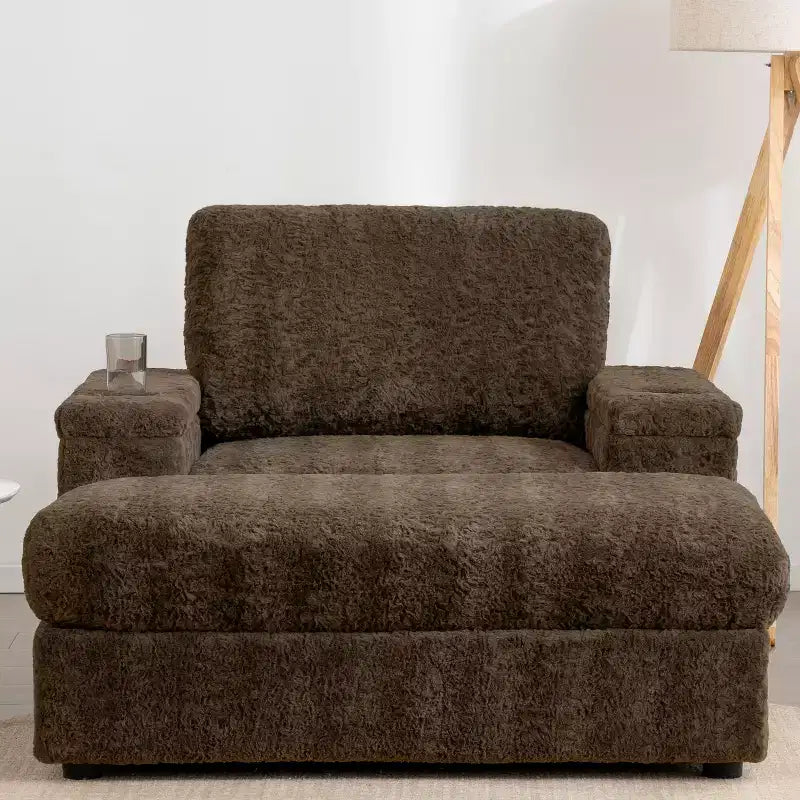 Chaise longue da interno oversize: Divano letto in finta pelliccia di coniglio con contenitore, braccioli, portabicchieri - Divano perfetto per la lettura in soggiorno o camera da letto