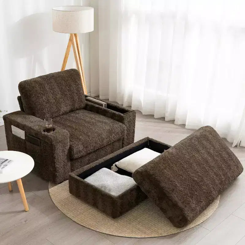 Chaise longue da interno oversize: Divano letto in finta pelliccia di coniglio con contenitore, braccioli, portabicchieri - Divano perfetto per la lettura in soggiorno o camera da letto