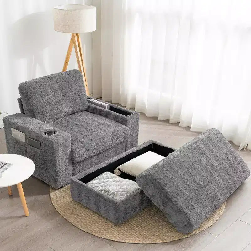 Chaise longue da interno oversize: Divano letto in finta pelliccia di coniglio con contenitore, braccioli, portabicchieri - Divano perfetto per la lettura in soggiorno o camera da letto