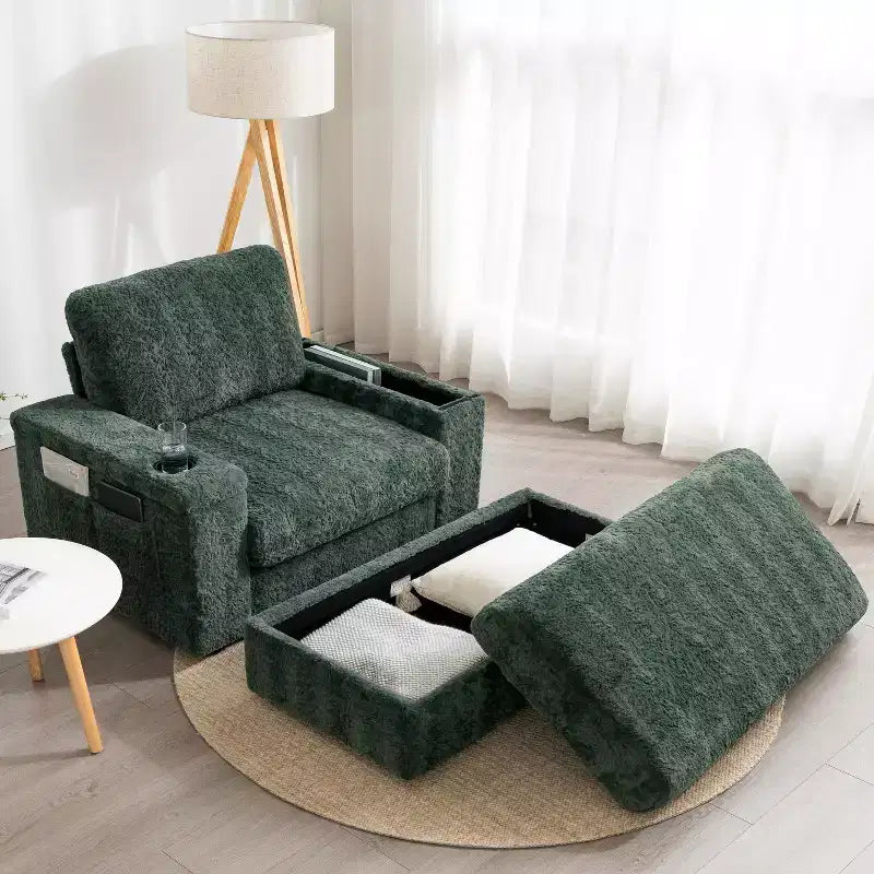 Chaise longue da interno oversize: Divano letto in finta pelliccia di coniglio con contenitore, braccioli, portabicchieri - Divano perfetto per la lettura in soggiorno o camera da letto
