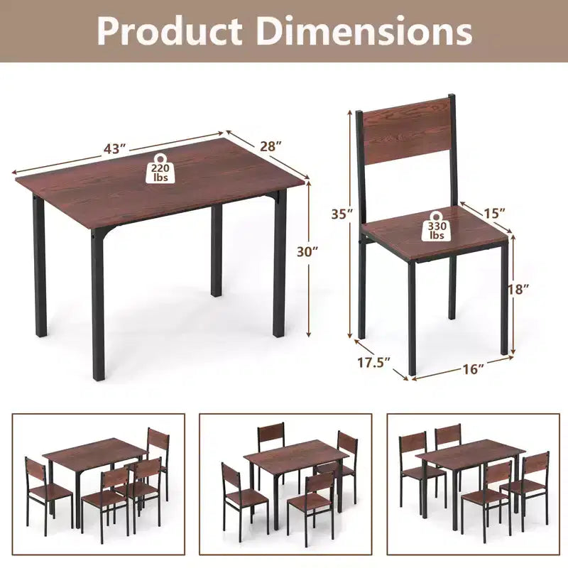 Set da Pranzo Industriale 5 Pezzi, Tavolo da Cucina e 4 Sedie per 4 Persone, Grigio/Marrone/Marrone Scuro