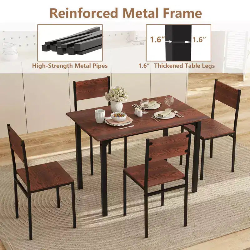 Set da Pranzo Industriale 5 Pezzi, Tavolo da Cucina e 4 Sedie per 4 Persone, Grigio/Marrone/Marrone Scuro