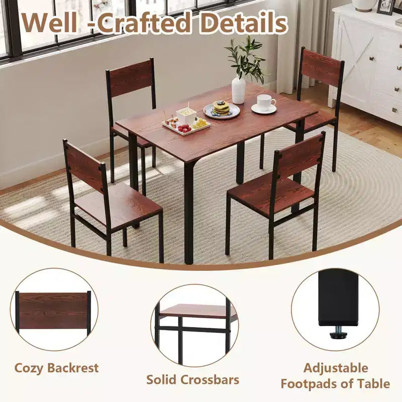 Set da Pranzo Industriale 5 Pezzi, Tavolo da Cucina e 4 Sedie per 4 Persone, Grigio/Marrone/Marrone Scuro
