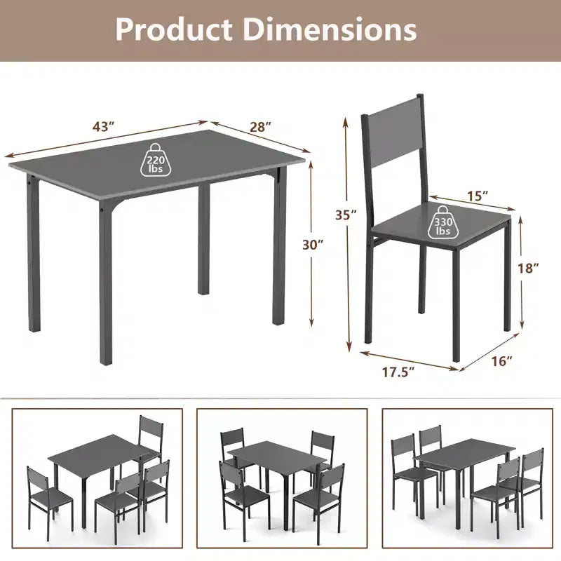 Set da Pranzo Industriale 5 Pezzi, Tavolo da Cucina e 4 Sedie per 4 Persone, Grigio/Marrone/Marrone Scuro