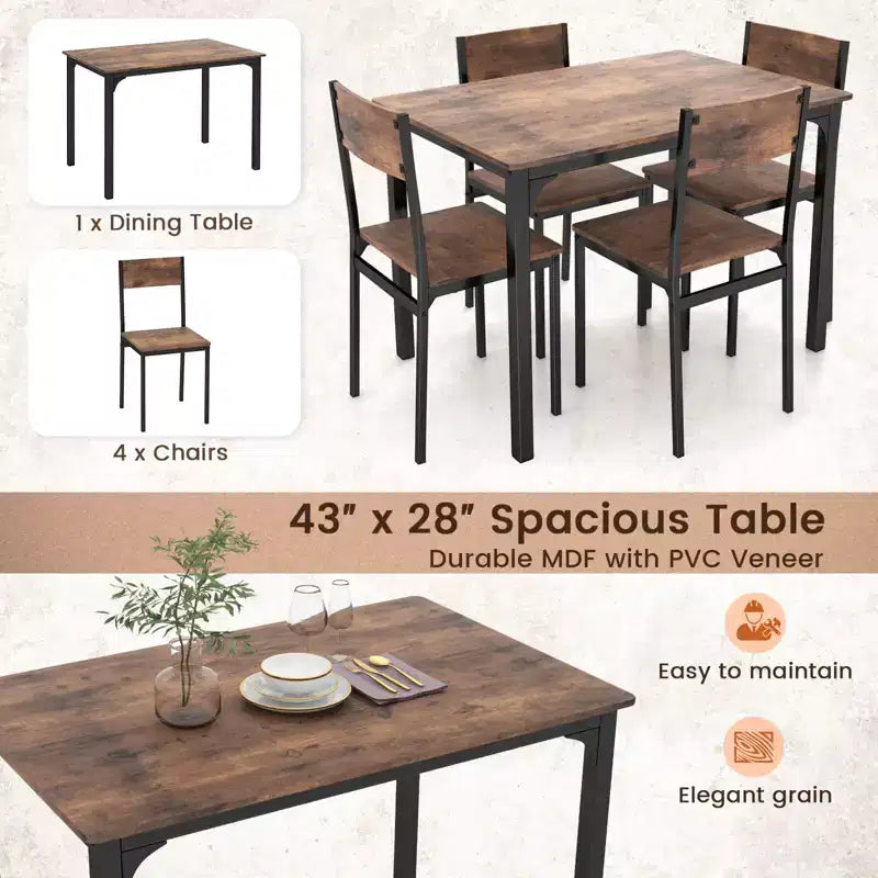 Set da Pranzo Industriale 5 Pezzi, Tavolo da Cucina e 4 Sedie per 4 Persone, Grigio/Marrone/Marrone Scuro