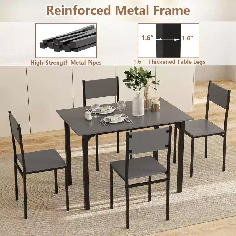 Set da Pranzo Industriale 5 Pezzi, Tavolo da Cucina e 4 Sedie per 4 Persone, Grigio/Marrone/Marrone Scuro