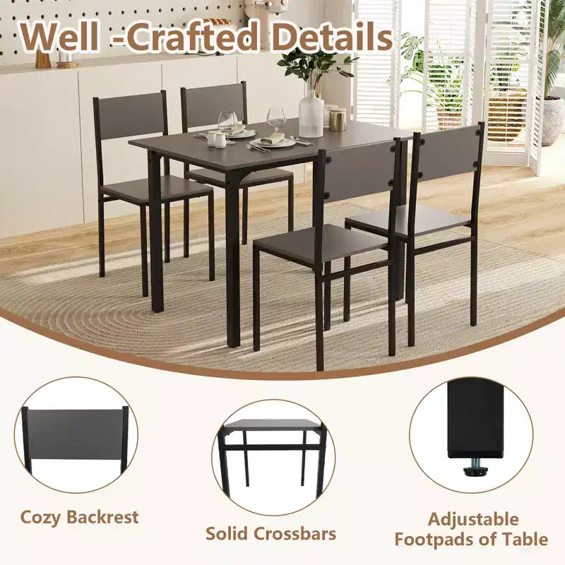 Set da Pranzo Industriale 5 Pezzi, Tavolo da Cucina e 4 Sedie per 4 Persone, Grigio/Marrone/Marrone Scuro