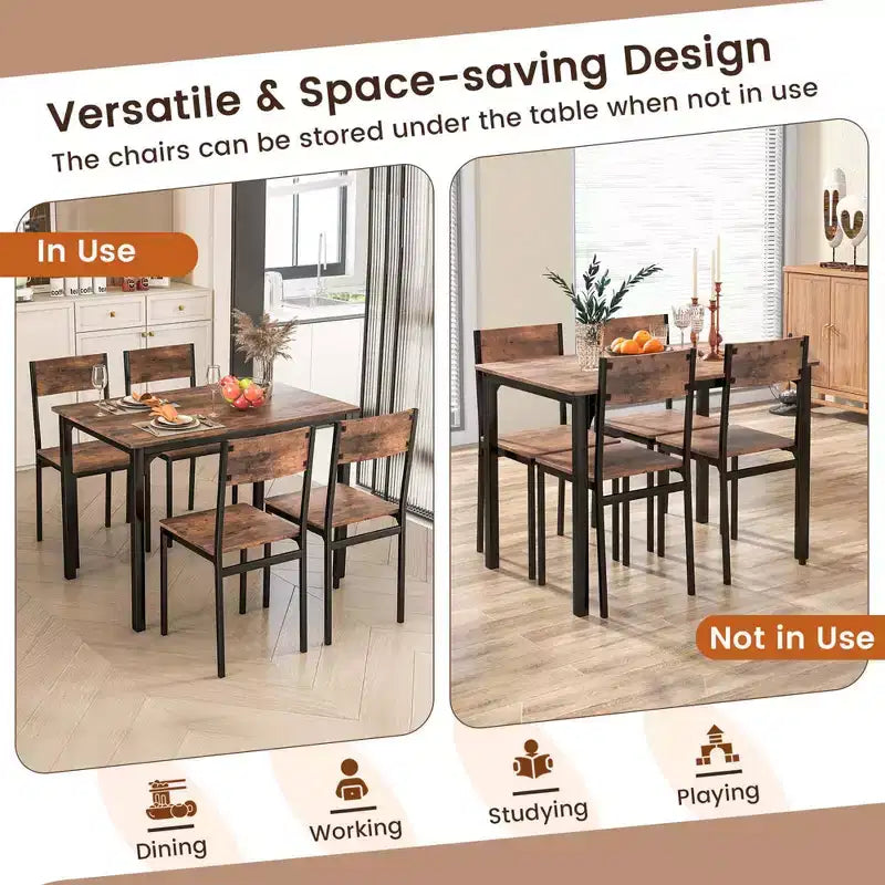 Set da Pranzo Industriale 5 Pezzi, Tavolo da Cucina e 4 Sedie per 4 Persone, Grigio/Marrone/Marrone Scuro