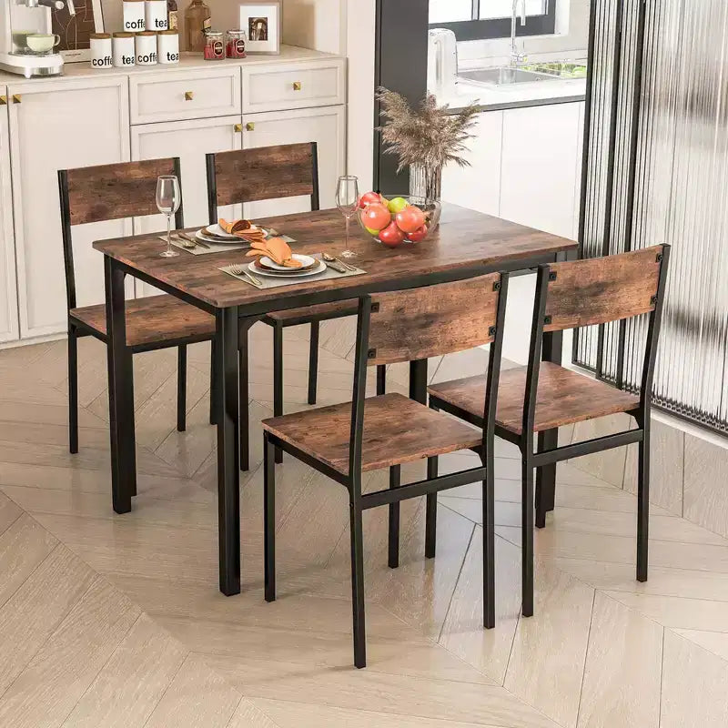 Set da Pranzo Industriale 5 Pezzi, Tavolo da Cucina e 4 Sedie per 4 Persone, Grigio/Marrone/Marrone Scuro