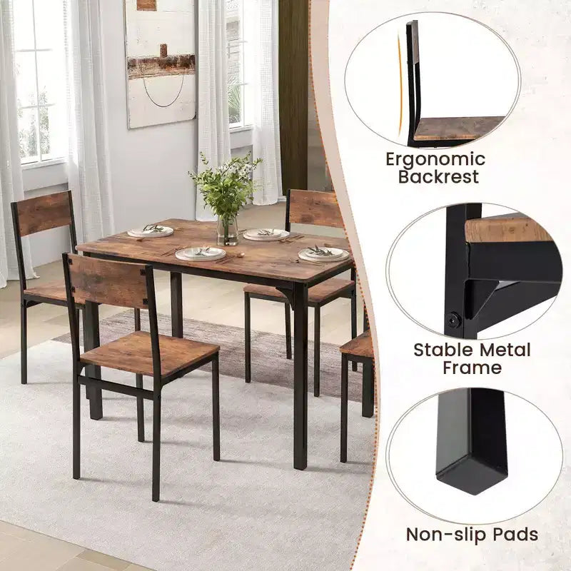 Set da Pranzo Industriale 5 Pezzi, Tavolo da Cucina e 4 Sedie per 4 Persone, Grigio/Marrone/Marrone Scuro
