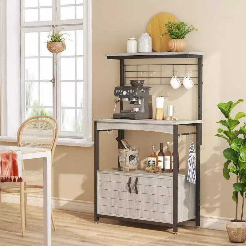 Scaffale da Panettiere Regolabile in Altezza per Microonde con Mobiletto, Scaffali Portaoggetti, Mobiletto Bar per Caffè e Ganci