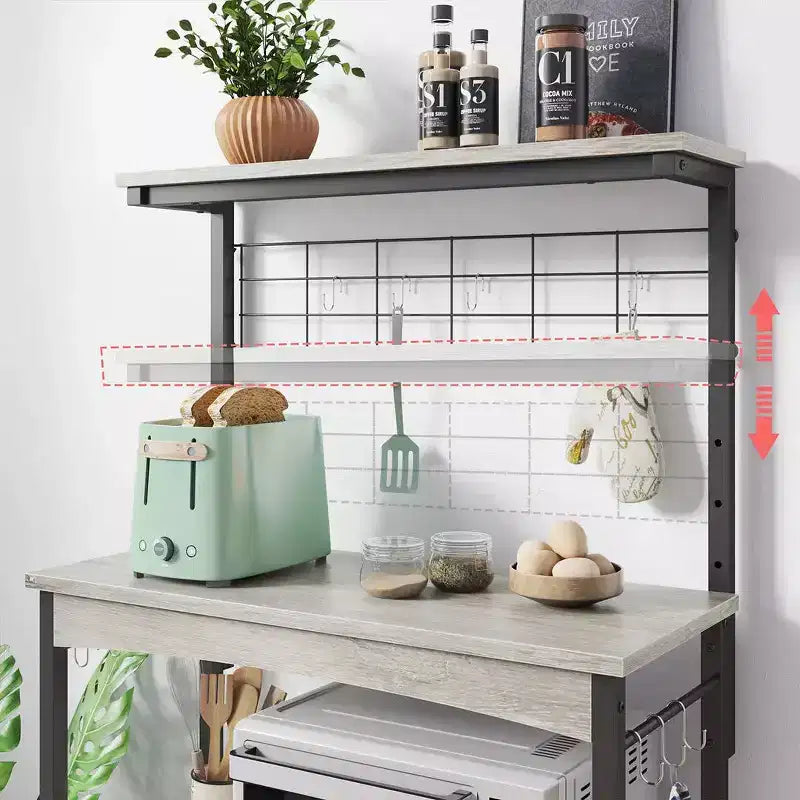 Scaffale da Panettiere Regolabile in Altezza per Microonde con Mobiletto, Scaffali Portaoggetti, Mobiletto Bar per Caffè e Ganci