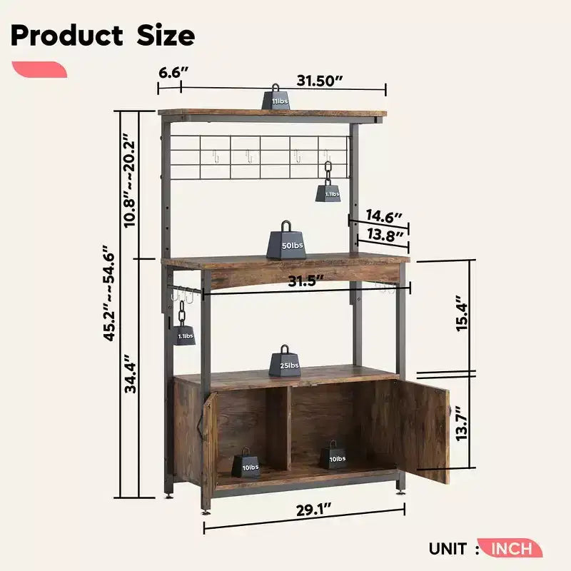 Scaffale da Panettiere Regolabile in Altezza per Microonde con Mobiletto, Scaffali Portaoggetti, Mobiletto Bar per Caffè e Ganci