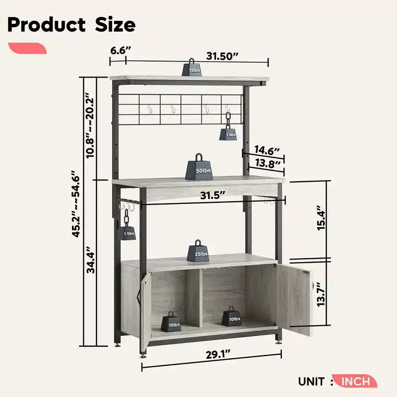 Scaffale da Panettiere Regolabile in Altezza per Microonde con Mobiletto, Scaffali Portaoggetti, Mobiletto Bar per Caffè e Ganci