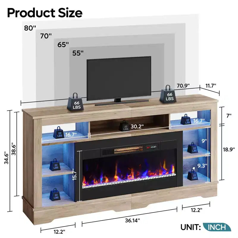 Mobile TV alto con camino da 36" e luci a LED, Centro di intrattenimento per TV fino a 80"
