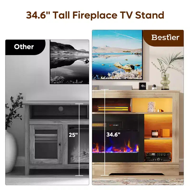 Mobile TV alto con camino da 36" e luci a LED, Centro di intrattenimento per TV fino a 80"
