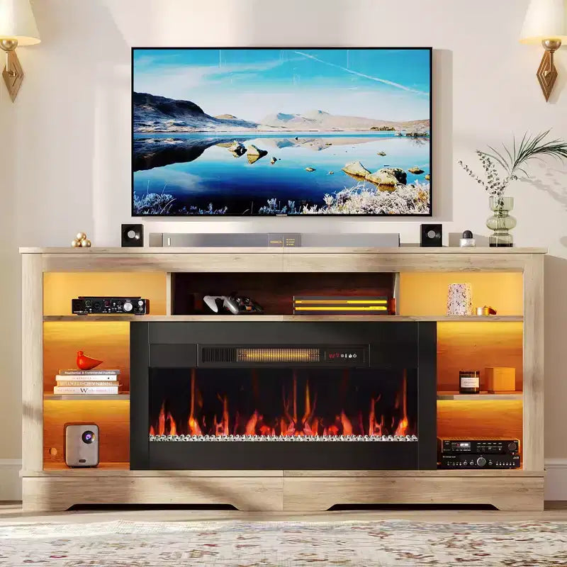 Mobile TV alto con camino da 36" e luci a LED, Centro di intrattenimento per TV fino a 80"