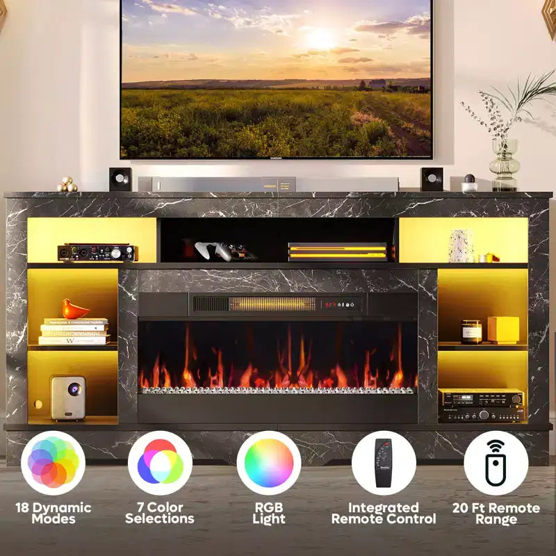 Mobile TV alto con camino da 36" e luci a LED, Centro di intrattenimento per TV fino a 80"