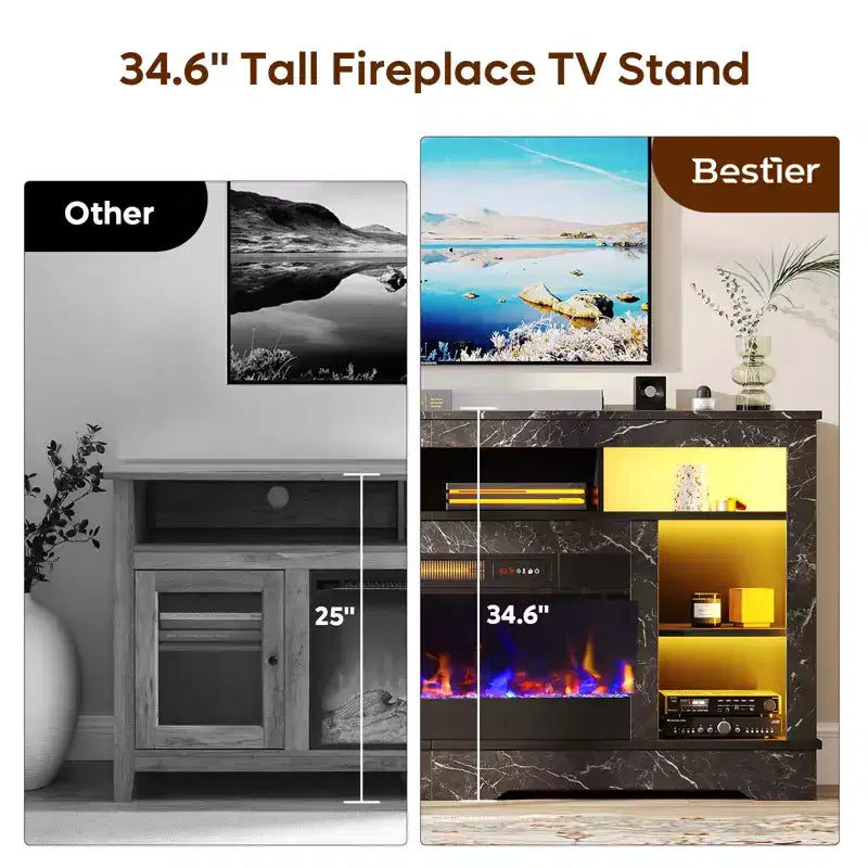 Mobile TV alto con camino da 36" e luci a LED, Centro di intrattenimento per TV fino a 80"