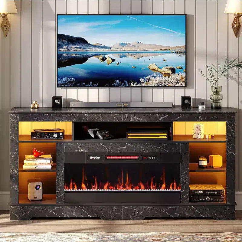 Mobile TV alto con camino da 36" e luci a LED, Centro di intrattenimento per TV fino a 80"