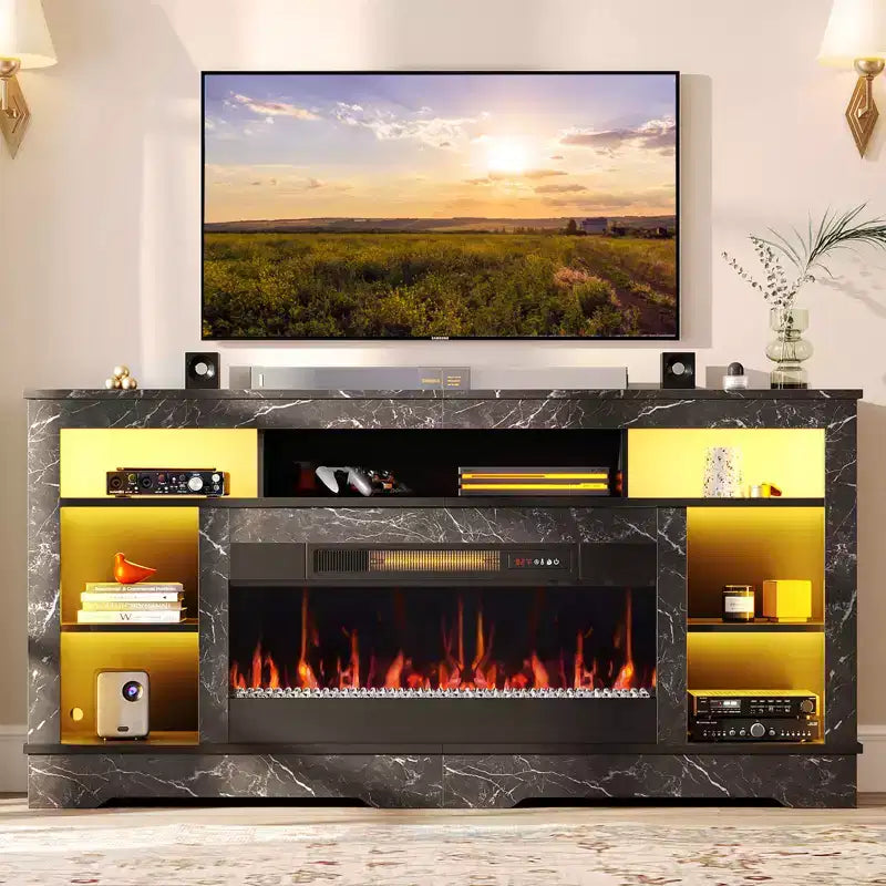 Mobile TV alto con camino da 36" e luci a LED, Centro di intrattenimento per TV fino a 80"