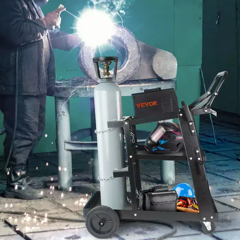 Carrello per Saldatura Resistente a 3 Ripiani, Capacità 180 kg, Ruote Girevoli a 360°, Carrello Mobile per Saldatrice MIG