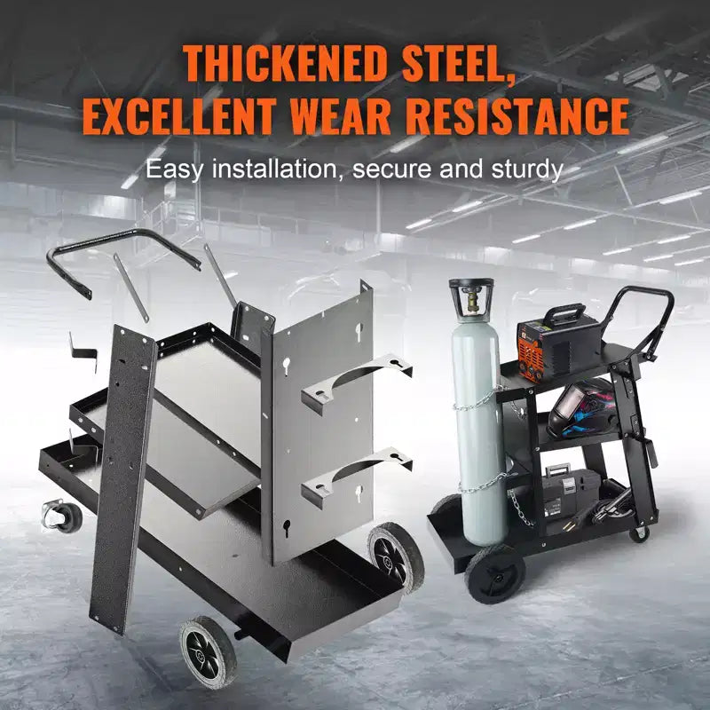 Carrello per Saldatura Resistente a 3 Ripiani, Capacità 180 kg, Ruote Girevoli a 360°, Carrello Mobile per Saldatrice MIG