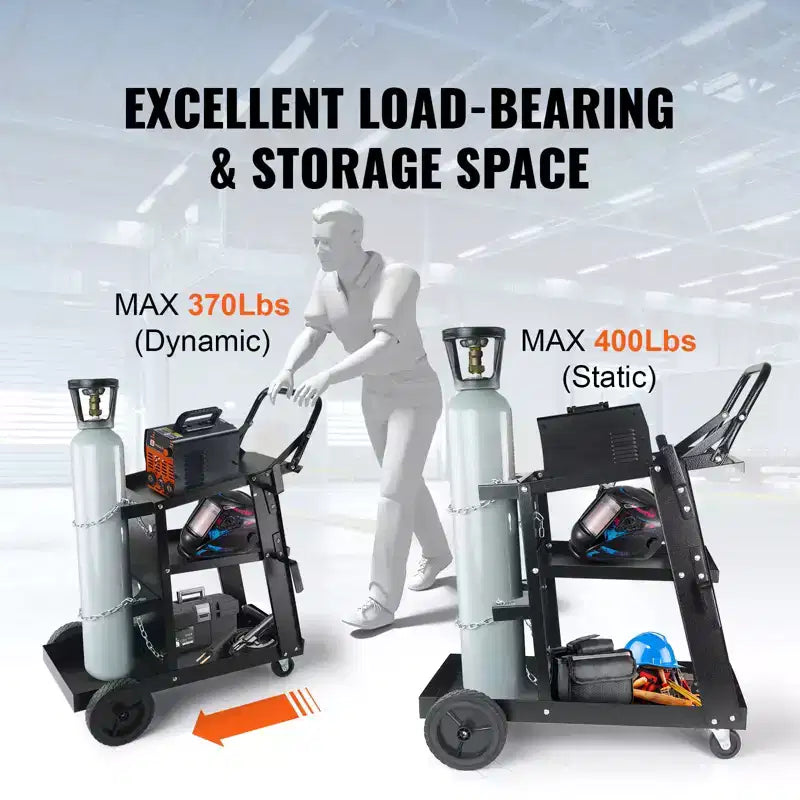 Carrello per Saldatura Resistente a 3 Ripiani, Capacità 180 kg, Ruote Girevoli a 360°, Carrello Mobile per Saldatrice MIG