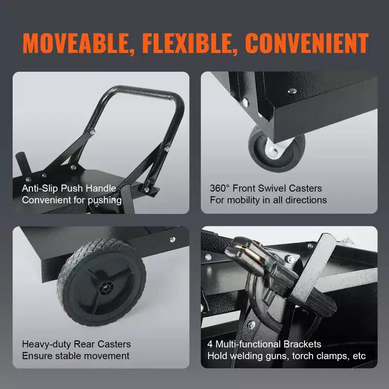 Carrello per Saldatura Resistente a 3 Ripiani, Capacità 180 kg, Ruote Girevoli a 360°, Carrello Mobile per Saldatrice MIG