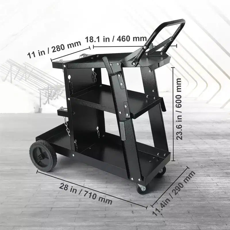 Carrello per Saldatura Resistente a 3 Ripiani, Capacità 180 kg, Ruote Girevoli a 360°, Carrello Mobile per Saldatrice MIG