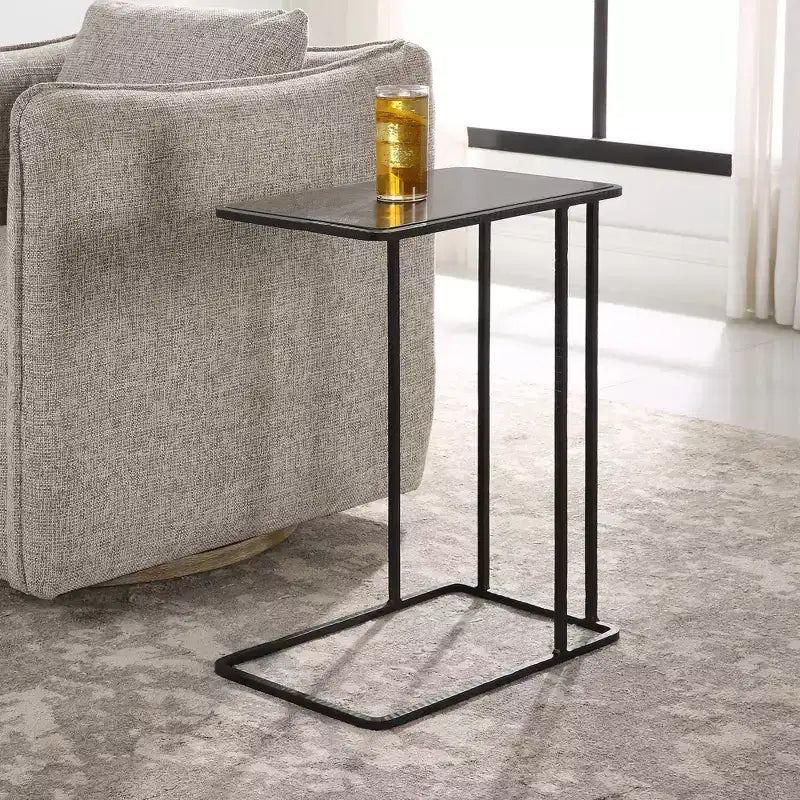 Tavolino d'appoggio rettangolare con piano in pietra lavica nera, 45,7 cm di larghezza, stile moderno