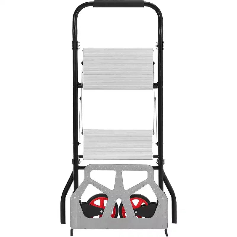 COZONY Aluminum Hand Truck, 2 in 1 Folding 2 Step Ladder w/ Wide Anti Slip Pedal, 220 Lbs Capacity Multifunctional Collapsible Dolly Cart with Wheels