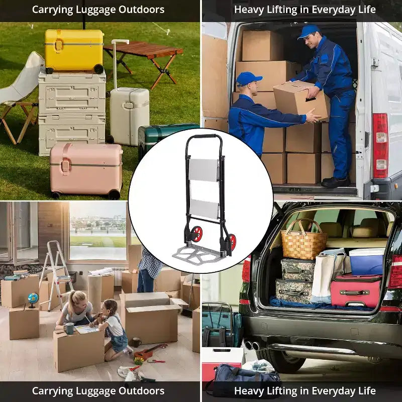 Carrello manuale pieghevole in alluminio 2 in 1 e scala a 2 gradini, capacità 100 kg, pedale antiscivolo