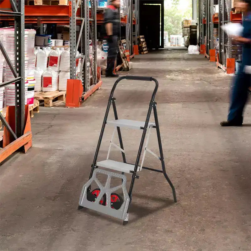 Carrello manuale pieghevole in alluminio 2 in 1 e scala a 2 gradini, capacità 100 kg, pedale antiscivolo
