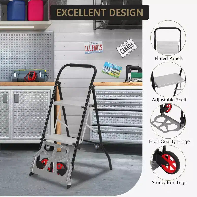 Carrello manuale pieghevole in alluminio 2 in 1 e scala a 2 gradini, capacità 100 kg, pedale antiscivolo