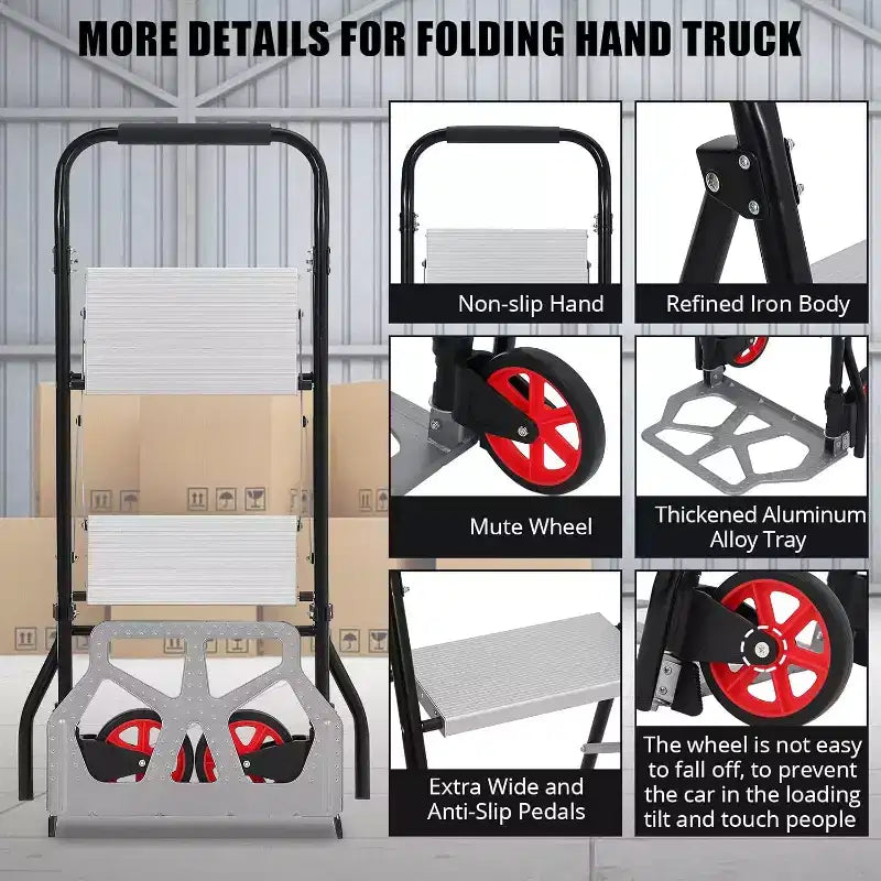 Carrello manuale pieghevole in alluminio 2 in 1 e scala a 2 gradini, capacità 100 kg, pedale antiscivolo